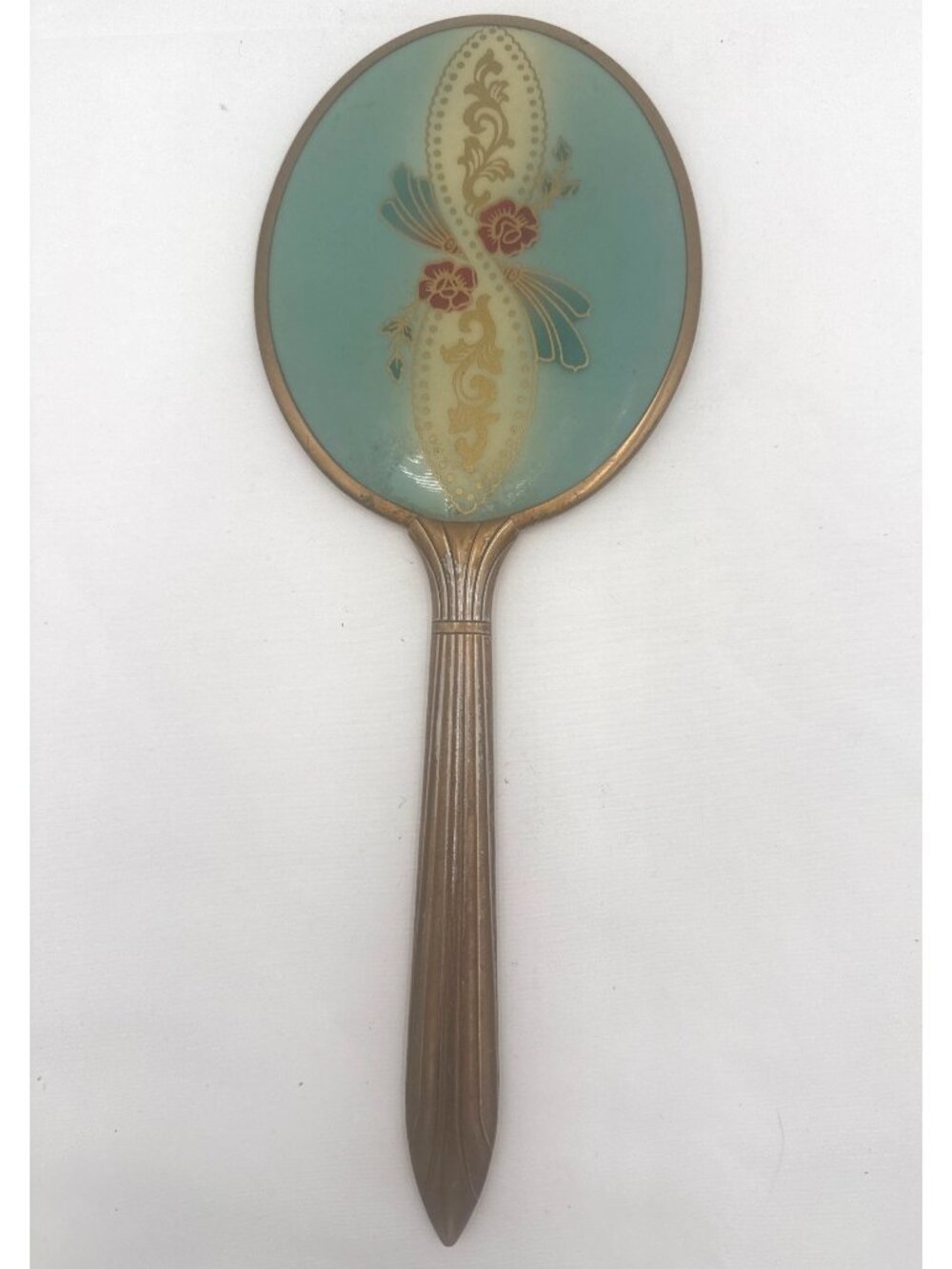 Vintage Handheld Vanity Mirror With Gold Floral Design & Green Enamel Back